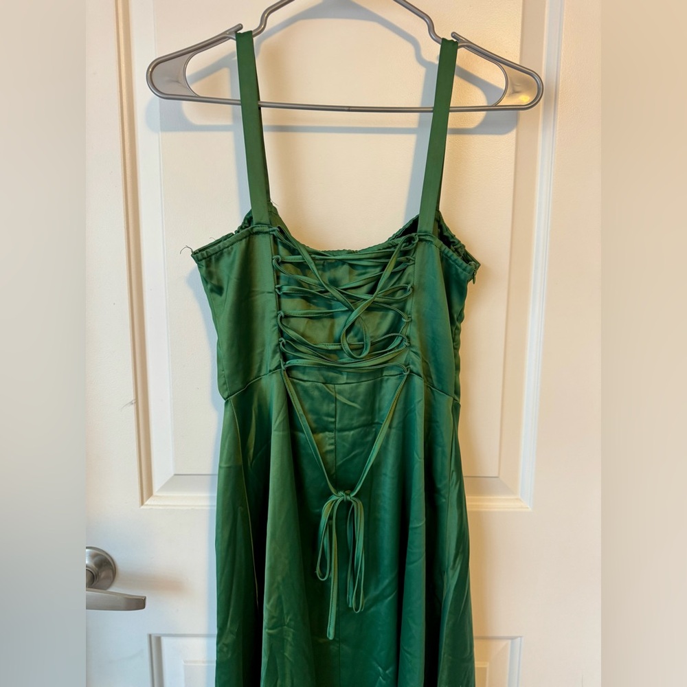 Emerald Forest Green Satin Midi Dress with Boning!! - Picture 3 of 5